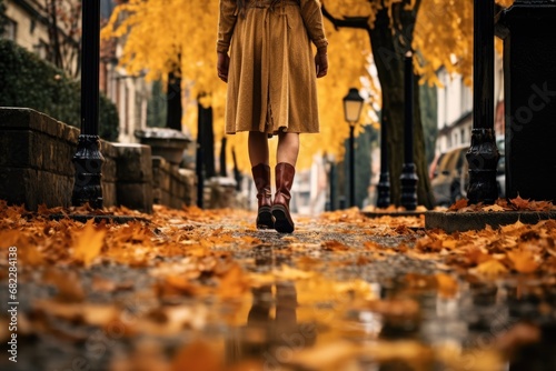 woman walking in rubber boots on a street covered with autumn leaves