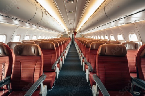 rows of seats inside an empty commercial airplane