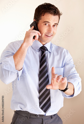 Schilderij op canvas Phone call, portrait and business man stop, pause or wait gesture for consultation interruption, discussion and talking with contact