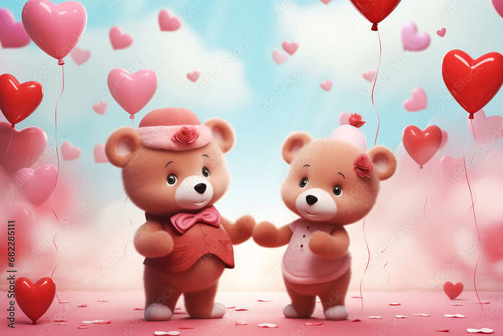 Two brown bear cartoon characters with pink bow and rose, holding hands among heart shaped air balloons on blue cloudy sky background. Saint Valentine's Day concept Two brown bear cartoon characters with pink bow and rose, holding hands among heart shaped air balloons on blue cloudy sky background. Saint Valentine's Day concept