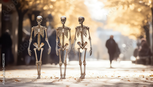 Three skeletons walking down the street and talking autumn