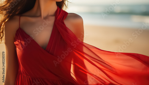 Woman in red dress on the beach, March 8 World Women's Day