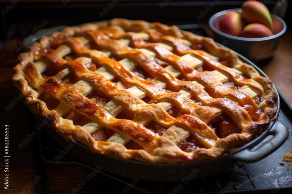a baking tray with a lattice-topped apple pie before it goes into the oven a baking tray with a lattice-topped apple pie before it goes into the oven