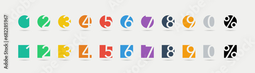 Numbers. Collection round and square number icons. Colorful Numbers with percentage. Numbers from 1 to 0 with percentage. Colorful isolated font in modern design