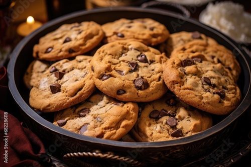 close-up of a tray full of fresh chocolate chip cookies