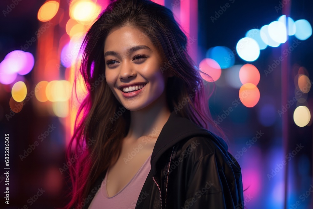 Fashion beauty shooting of gorgeous Asian model. Young beautiful woman in black jacket posing over night city dramatic red neon background