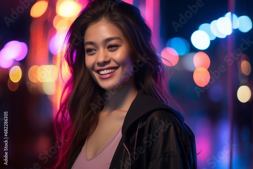 Fashion beauty shooting of gorgeous Asian model. Young beautiful woman in black jacket posing over night city dramatic red neon background © AI Studio