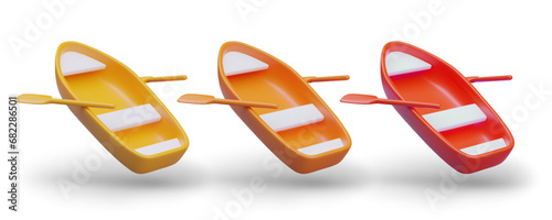 Set of boats with oars. Fishing equipment. Water vehicle. Illustrations for rental business. Templates for online store. Set of 3D illustrations of yellow, orange, red color