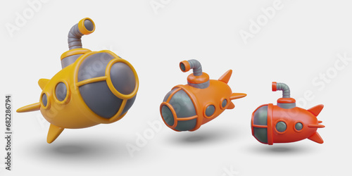 Set of submarines of different colors and in different positions. 3D illustration in cartoon style. Underwater excursions, deep diving. Trip to ocean floor, seabed