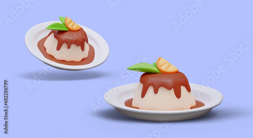 Realistic panna cotta with chocolate syrup and slice of citrus fruit. Beautifully served dessert. Jelly creamy sweet dish. Italian cuisine. Vector set