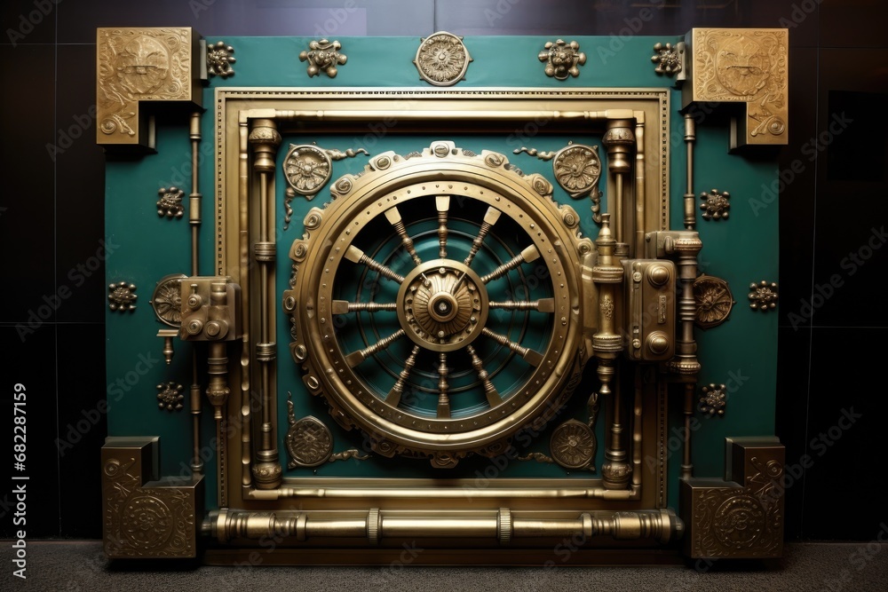 a vintage bank vault door with ornate design elements