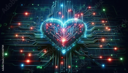 St' Valentine's day February 14th background with heart in a form of printed board demonstrating future high tech and AI influence on human life and love sphere