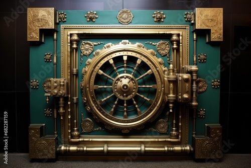 a vintage bank vault door with ornate design elements