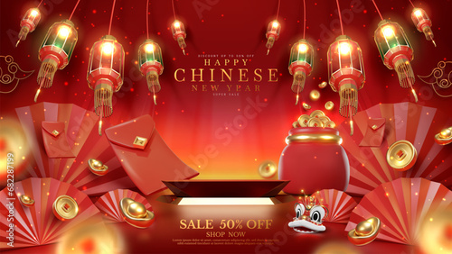 Red luxury background with product display podium element with 3d realistic chinese new year ornament and glitter light effect decoration and bokeh. Vector illustration.