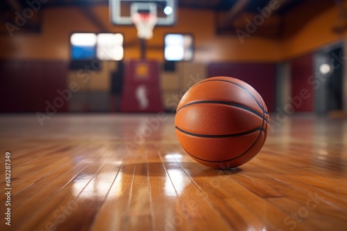 a close-up shot of a basketball on a hardwood court with a blurred hoop background © primopiano