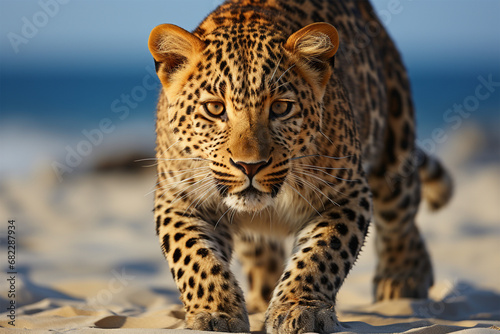 leopard walking on the beach © angah