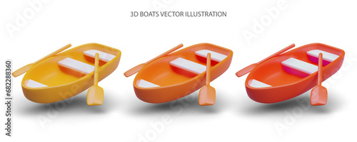 Composition with different boats in yellow, orange and red colors with oars. Ready to travel on river. Vector illustration in 3D style with shadow and place for text
