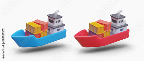 Barges with containers. Realistic cargo boats of different colors. Transportation of cargo by water. Big ship. Set of 3D vector illustrations in cartoon style
