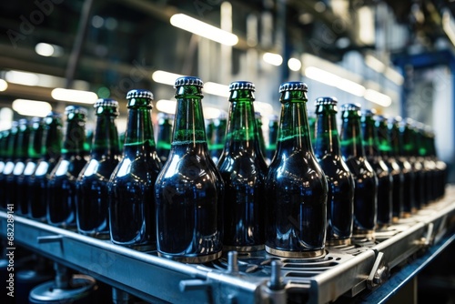 close-up of beer bottles getting capped on assembly line