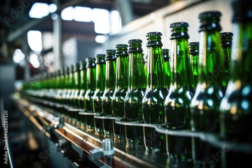 macro shot of beer bottles being labeled on production line