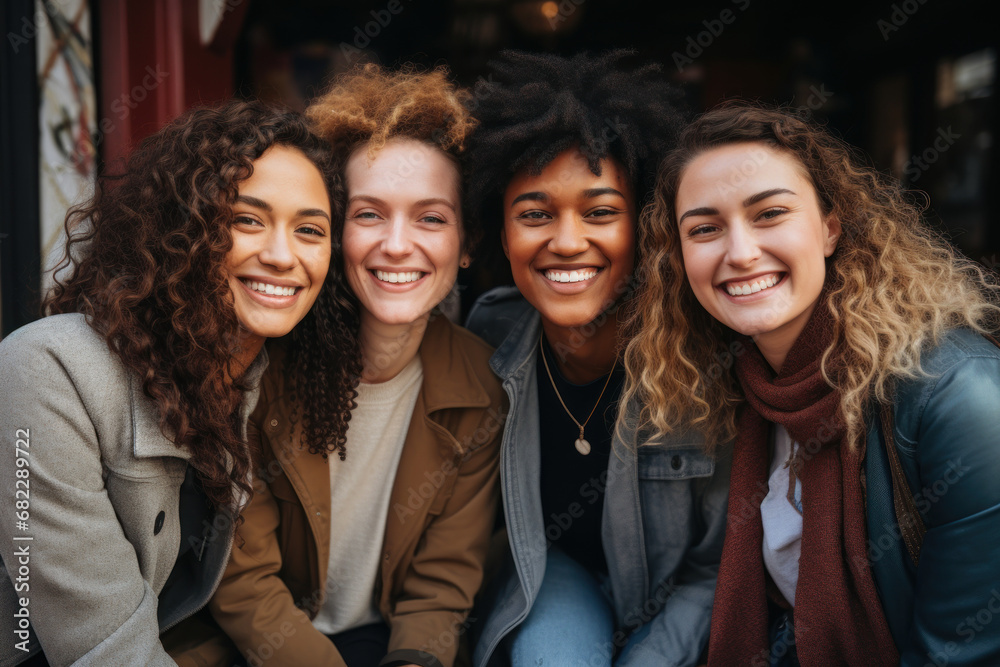 Obraz premium A group of friends with diverse ethnicities, laughing together, symbolizing friendship and multicultural unity. Concept of diversity and friendship. Generative Ai.