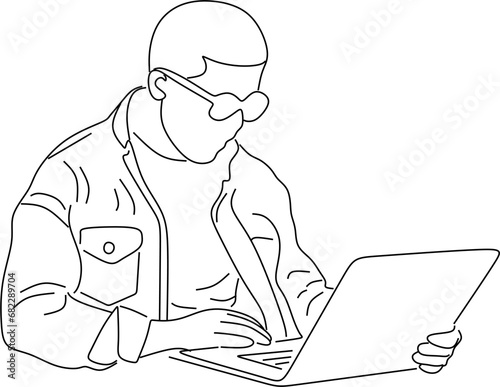 line art of office worker concentrated behind computer