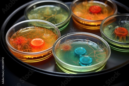 a close-up shot of a petri dish containing bacteria colonies