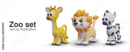 Concept of zoo collection. Realistic African giraffe, cute lion, and zebra. Cartoon animal toys for farm online game. Vector illustration in 3D style with place for text