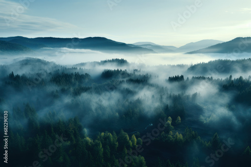 Wisps of morning fog gracefully enveloping a dense forest, adding an ethereal touch to the landscape. Concept of mystery and natural allure. Generative Ai.