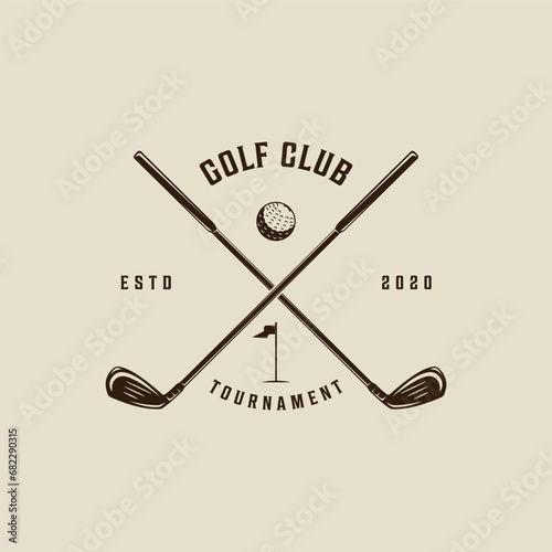 golf club logo vintage vector illustration template icon graphic design. ball and stick of sport sign or symbol for tournament or club with flag and typography retro style