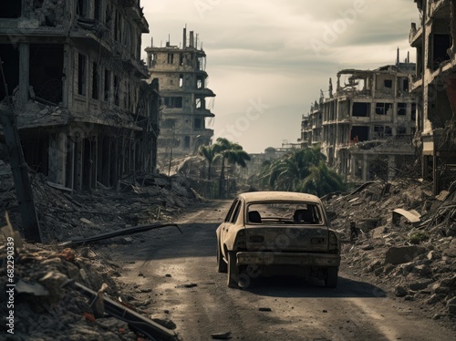 Abandoned Car in War-Torn Cityscape