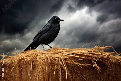 black raven perched on a hay bale under stormy skies
