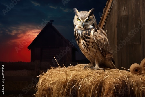 an owl perched on a hay bale in a moonlit farmyard