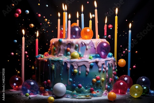a colorful birthday cake with lit candles surrounded by floating soap bubbles