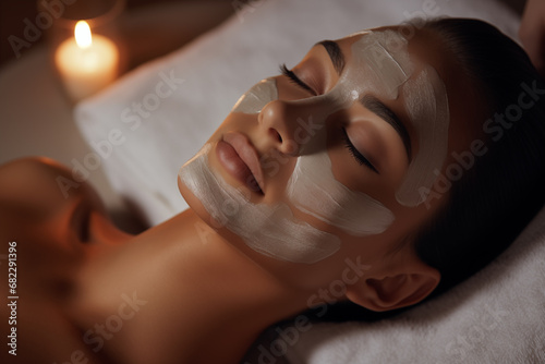 Beautiful woman having a facial cosmetic mask and enjoying serene ambiance at wellness spa salon
