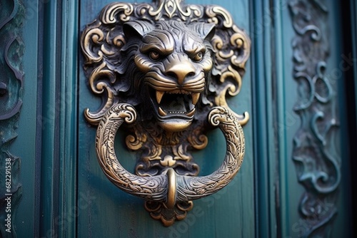 ornate lion-shaped brass door handle in sunlight