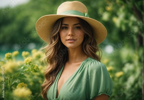 Beautiful white women wearing summer soft green costume and hat, beach and flower on the background