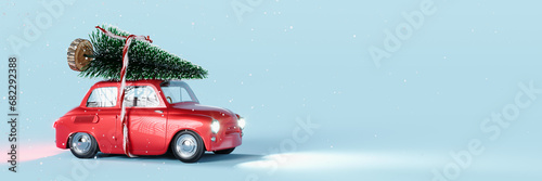 Red old car toy with Christmas decorative pine tree on the roof. Christmas is coming concept on light blue background with copy space. 3D Rendering, 3D Illustration photo