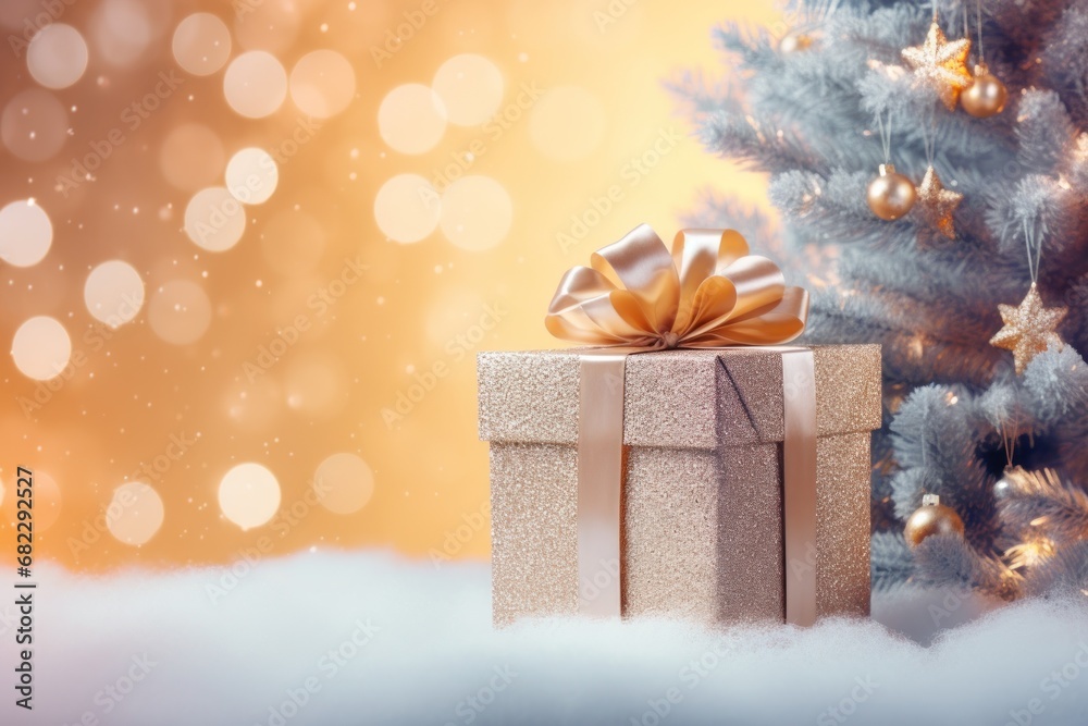  a present box with a gold bow sits in front of a christmas tree with a gold bauble hanging from the top of the box and a gold bow.