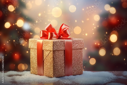  a gift box with a red ribbon and a red bow on a snowy surface with a boke of lights behind it and a blurry christmas tree in the background. © Nadia