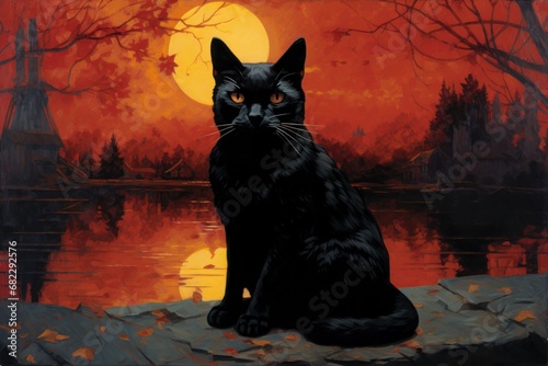  a painting of a black cat sitting on a rock in front of a body of water with a full moon in the background and trees and a red sky in the background.