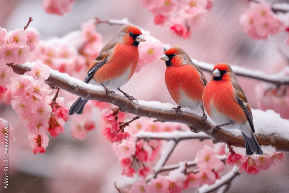  a couple of birds sitting on top of a branch of a tree with pink flowers in the foreground and snow on the top of the branches, with pink flowers in the background.