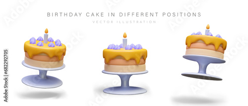 Round vector cake on stand. Festive baking for birthday. Dessert with topping and candle. Set of cream cakes, front, top, bottom view. Web templates for cafeteria