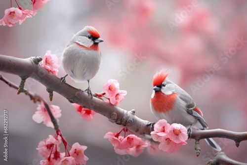  a couple of birds sitting on top of a branch of a tree with pink flowers in front of a blurry background of a tree branch with red and white blossoms.