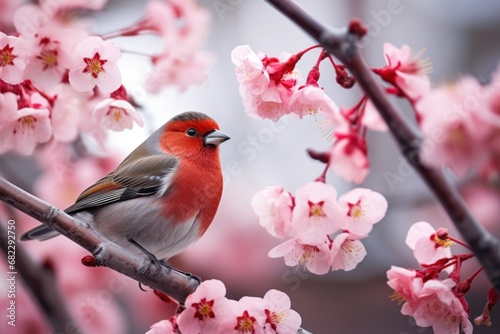  a red and gray bird sitting on a branch of a cherry tree with pink flowers in the foreground and a blurry background of a building in the background.