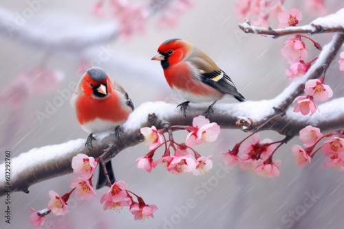  a couple of birds sitting on top of a branch of a tree next to a blossoming cherry blossom tree in a snow covered forest with red and white flowers.