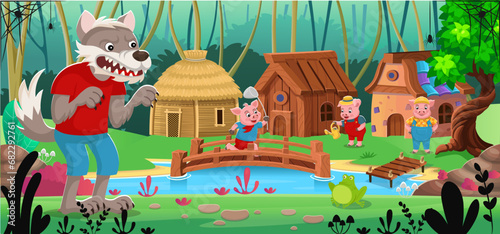 Scene from the fairy tale The Three Little Pigs. Three little pigs stand near their houses made of stone, straw, wood, and an angry, hungry wolf walks nearby. Funny cartoon characters.