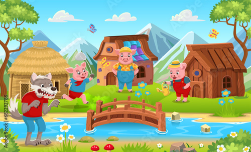 Scene from the fairy tale The Three Little Pigs. Three little pigs stand near their houses made of stone, straw, wood, and an angry, hungry wolf walks nearby. Funny cartoon characters.