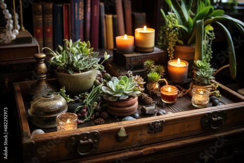 a rustic wooden coffee table adorned with succulents, candles, and vintage trinkets