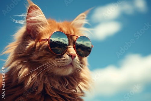  a close up of a cat wearing sunglasses with a sky in the back ground and clouds in the sky in the back ground, with a blue sky and white clouds in the background.